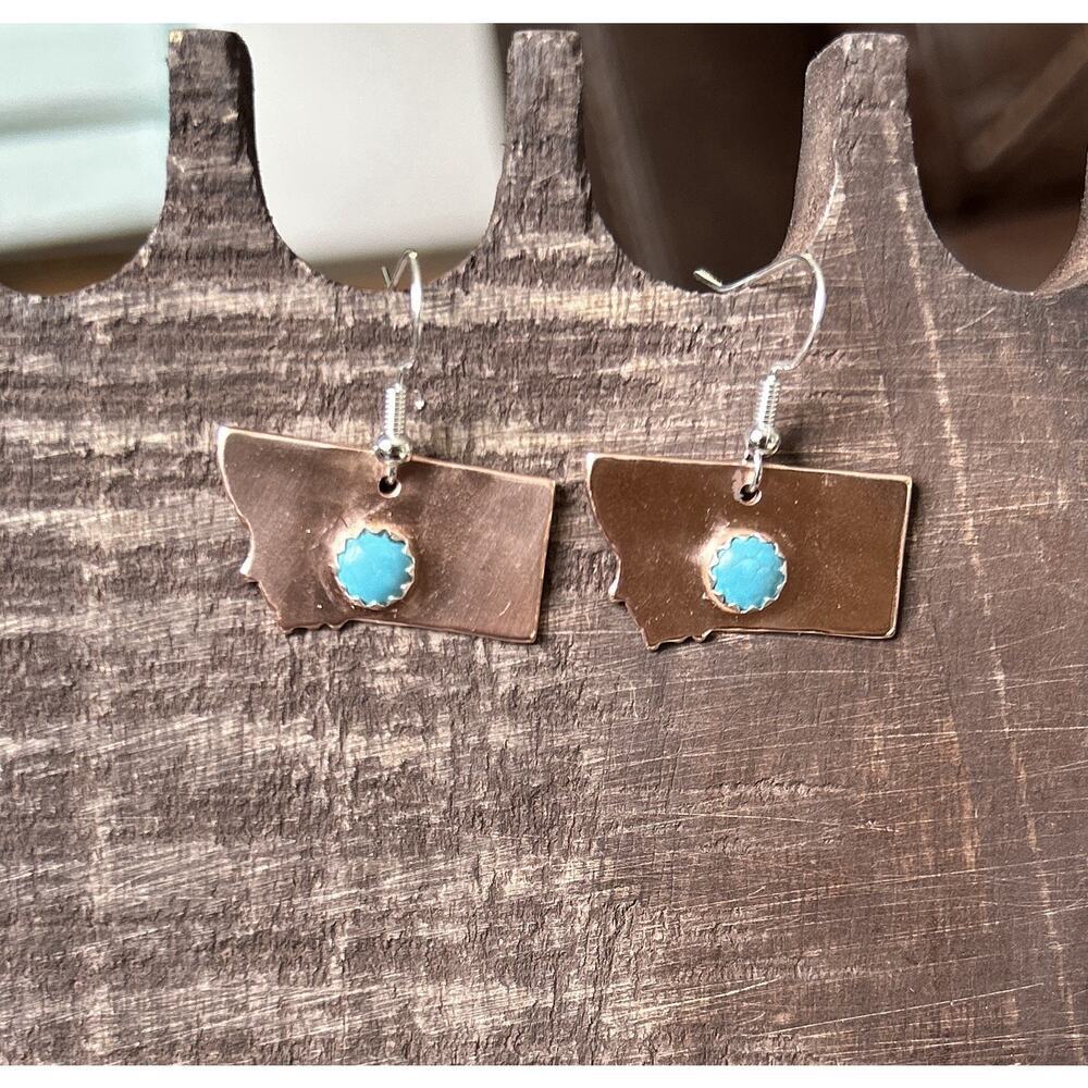 Montana State Sleeping Beauty Turquoise Copper & Silver Dangle Earrings New - Picture 4 of 5